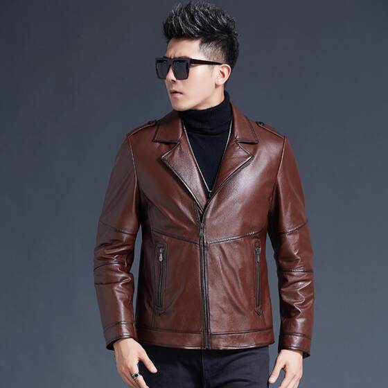 
Spring and Autumn Haining genuine leather suit collared cowhide leather jacket short men's jacket zipper decoration pure cowhide