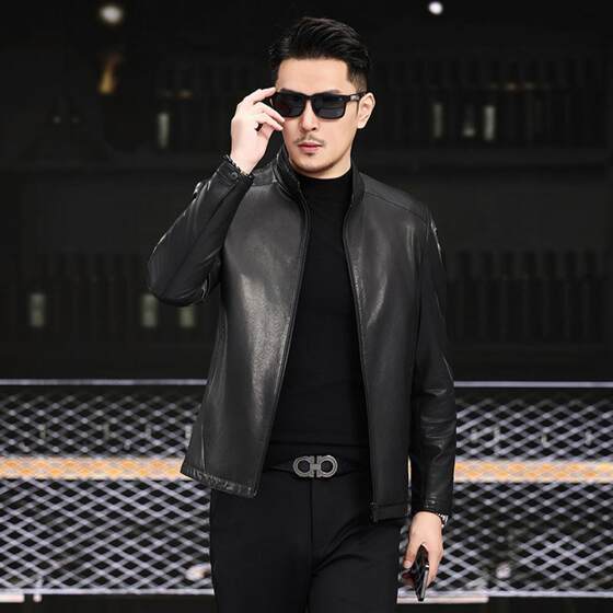 
Sheepskin stand-up collar single jacket motorcycle new Haining genuine leather jacket men's casual fashion slim short jacket