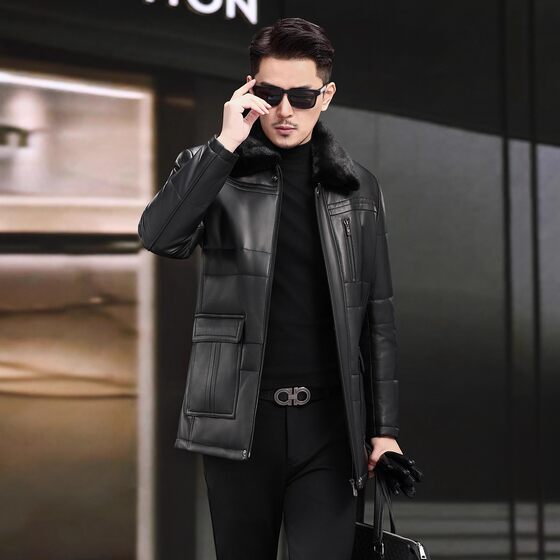 
Winter genuine leather down jacket, mid-length sheepskin jacket, daddy outfit, middle-aged and elderly leather jacket, thickened jacket