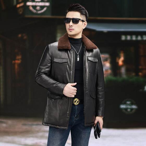 
First layer genuine goatskin jacket men's leather jacket removable wool lapel warm down liner thickened jacket