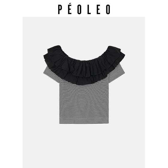 
[Limited time offer] Floating thin patchwork sweater summer new striped lotus leaf collar women's design niche short-sleeved