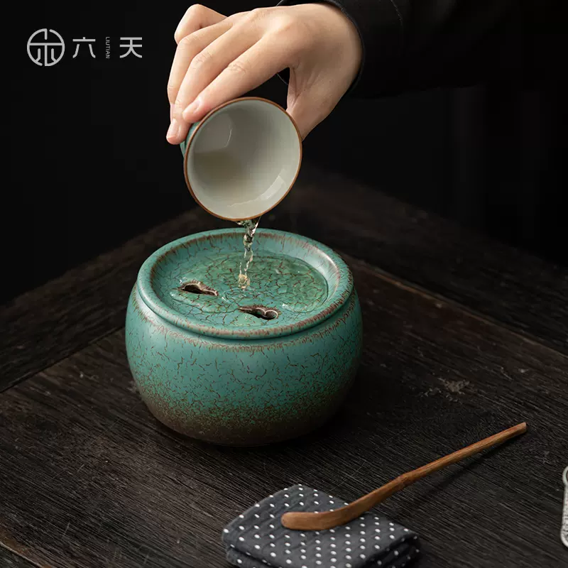 六天藏海蓝茶渣缸建水茶洗粗陶窑变水盂茶渣桶干泡壶承茶洗带盖-Taobao 