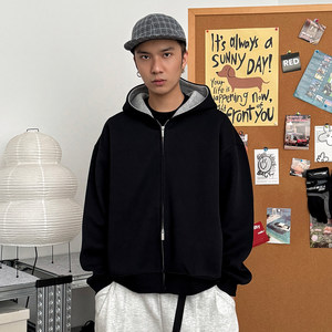 
TNMK Autumn and Winter 460G Double-layer Heavy Color-blocked Zipper Cardigan Sweater Men and Women Hooded Loose Casual Jacket