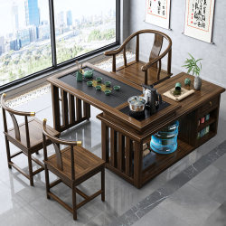 New Chinese-Style Home Balcony Solid Wood Tea Table and Chair Set, Foldable Kung Fu Tea Table with Integrated Kettle, Movable