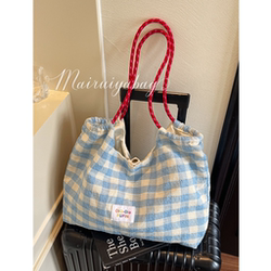 Korean Lazy Style Canvas Bag, New Plaid Large-Capacity Commuter Shoulder Tote Bag, Niche Versatile Handbag