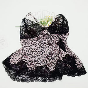 
European and American sexy lace leopard print suspender pajamas French slim fit pure lust style new slit unique and beautiful nightgown