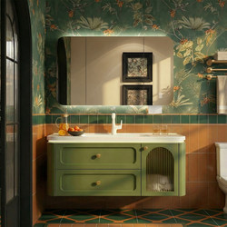 French-Style Rubberwood Bathroom Sink Cabinet Set Dopamine Ceramic Integrated Basin cm