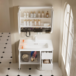 Narrow Bathroom Cabinet with Ultra-Narrow Depth, Integrated Ceramic Basin, Small-Sized Bathroom Sink Cabinet Combination