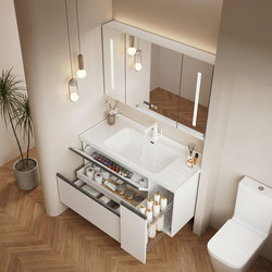 Japanese-Style Bathroom Cabinet with Integrated Ceramic Basin, Bathroom Vanity Sink Cabinet Combination, Washbasin Cabinet with Pull-Out Storage Basket