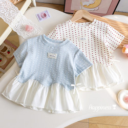 Girls' Summer Korean Style Short-Sleeved T-Shirt with Stylish Heart Print and Lace Trim Half-Sleeve Top for Girls' Summer Clothing