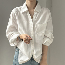 Linen Tencel Cotton V-Neck White Shirt for Women, Spring High-End French-Style Casual Long-Sleeve Inner Shirt, Loose Fit