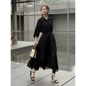 
Qiu Yingying 'Evening Breeze Starfall' Lapel Waist A-Swing Temperament Slim Shirt 2026 New Black Dress for Women