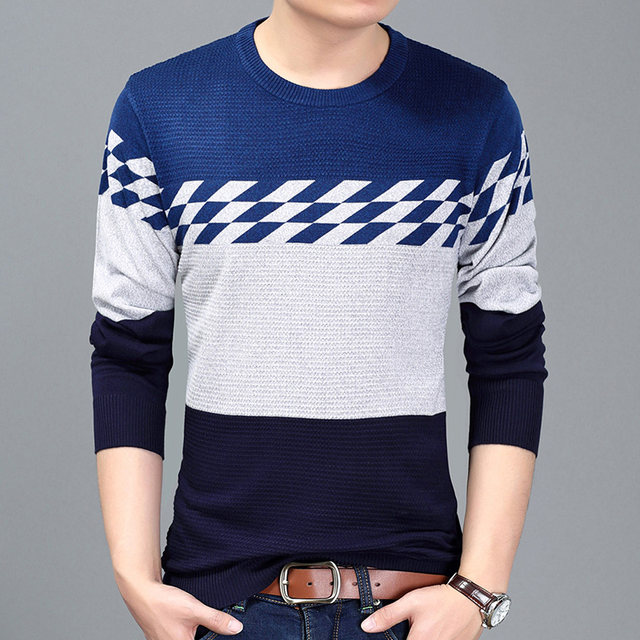 New spring thin sweater men's plaid pullover round neck sweater men's ...