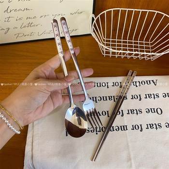 
ins style 304 stainless steel portable chopsticks spoon fork set student work one person eating tableware storage home