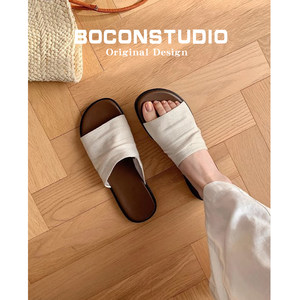 Sheepskin version ~ Vacation style Bangkok drag linen fold flat sandals for women in summer wear beach flip-flops
