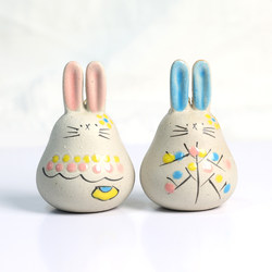 Cute Long-Eared Rabbit Jingdezhen Hand-Painted Ceramic Desktop Ornament Door and Window Hanging Wind Chime Home Decoration Goodie