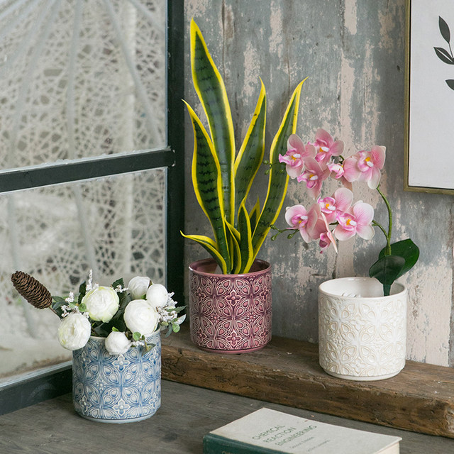 Nordic ceramic relief flower ice crack glaze Phalaenopsis flower pot retro home soft decoration light luxury art breathable simplicity