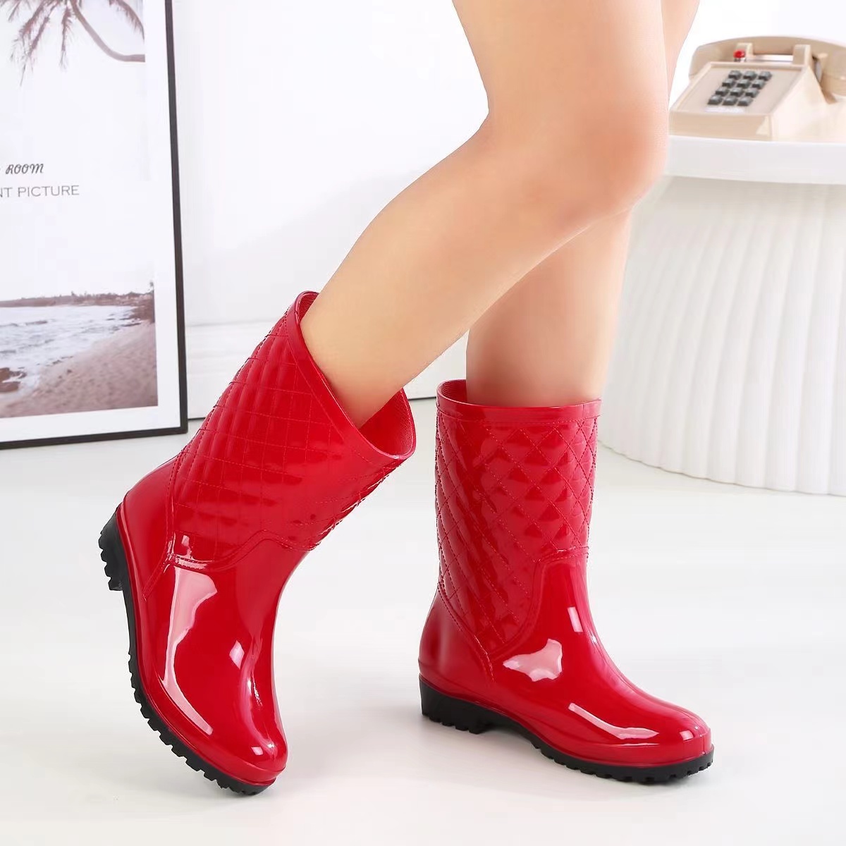 Women Mid Calf Rain Boots Woman Rubber Plush Winter Warm Snow Boot
