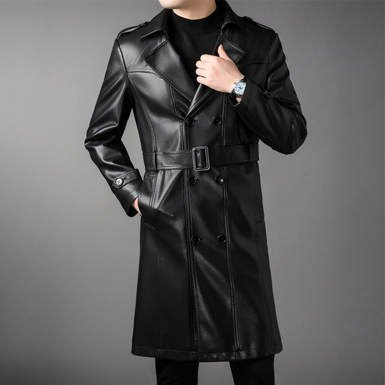 
New men's long Haining genuine leather leather jacket sheepskin windbreaker suit men's jacket winter plus velvet thickened leather coat