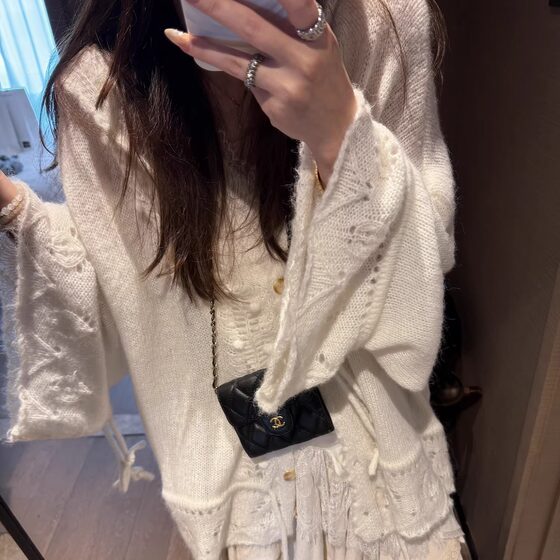 FILLE hooded hook-and-loop large cardigan, heavy-duty mohair atmosphere, relaxed and lazy hollow knitted sweater jacket