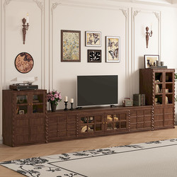 French-Style Vintage Floor-Standing Tv Cabinet, Solid Wood Living Room Storage, Mid-Century Modular Combination Display, Skeleton Line Chess Cabinet