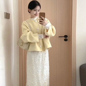 
Qianjinfeng small yellow short woolen coat women's autumn and winter high-end round neck single-breasted woolen coat