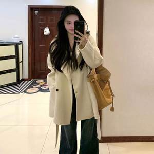 Korean rice white hair coat mid -length small children in winter new lace lace waist thin woolen coat
