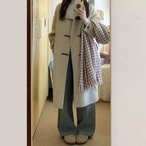 
Korean style yellow stand-up collar horn button woolen coat for women winter new small medium-length loose woolen coat