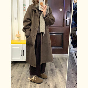 
College style horn button woolen coat for women mid-length woolen over-the-knee coat for small people in autumn and winter with a high-end feel