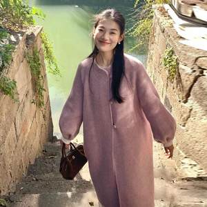 Pink lantern sleeve tweed coat for women's new winter loose mid-length small stand-up collar woolen jacket
