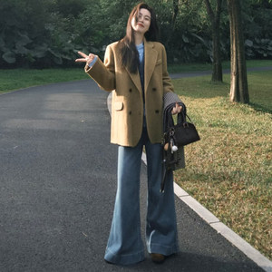 
Retro-style woolen suit jacket for women in autumn and winter, mid-length double-breasted, high-end, old-money style suit top