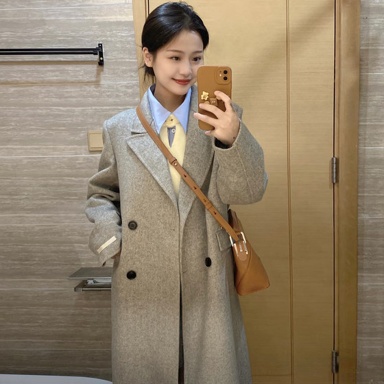 
Hepburn style gray double-breasted woolen coat for women autumn and winter new style small medium-length suit collar woolen coat