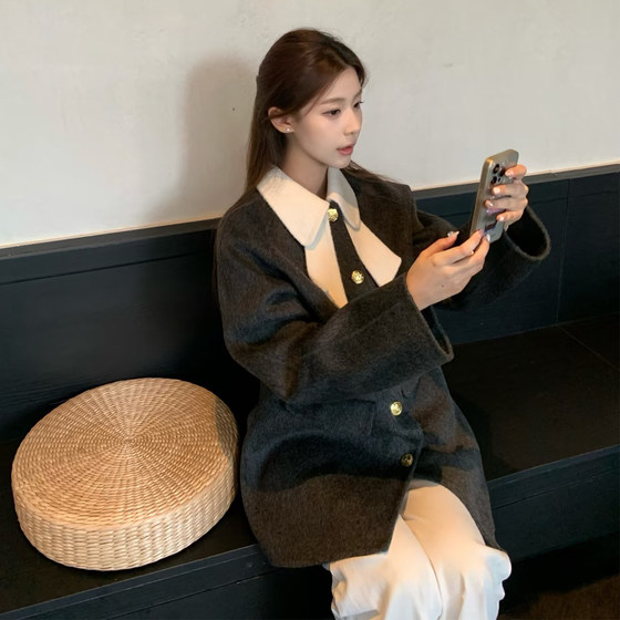 
Gentle wind contrast color bow collar woolen coat for women autumn and winter clothing small mid-length woolen coat high-end