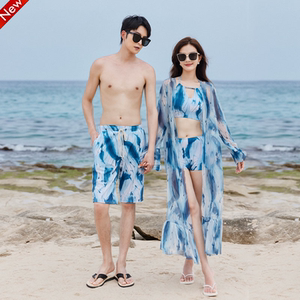 
2025 New Couple Swimsuit Women's Bikini Split Three-piece Set Small Breast Slimming Floral Swimsuit Men's Beach Pants