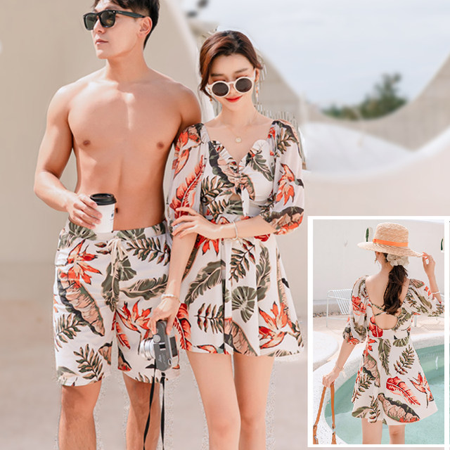 Couple swimsuit 2025 new women's conservative belly-covering and slimming skirt-style swimsuit men's beach swimming trunks soak in hot spring
