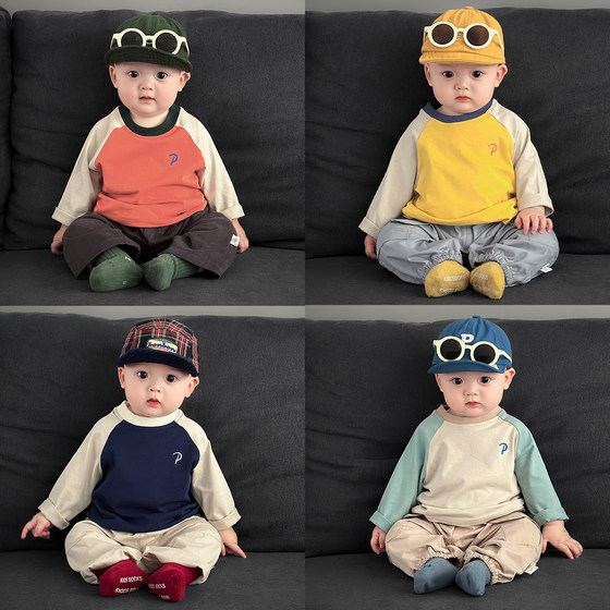 
Korean version of casual color-blocking long-sleeved T-shirt for boys in spring and autumn clothes, versatile base shirt for babies, handsome round neck top