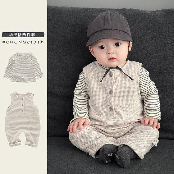 
Baby boy Korean spring and autumn suit baby long-sleeved T-shirt overalls two-piece set girl fashionable outing jumpsuit