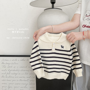 
Girls' spring and autumn clothes fashionable striped navy sweater boy Korean lapel sweater baby knitted sweater baby loose top