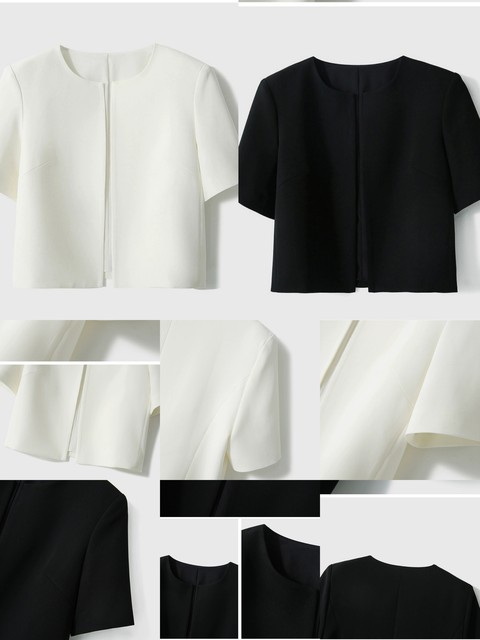 Designed buttonless round neck short-sleeved black coat for women ...