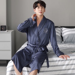 Men's Nightgown Spring And Autumn Ice Silk Long-sleeved Summer Thin Japanese Kimono Bathrobe Silk Pajamas Home Clothes Dressing Gown
