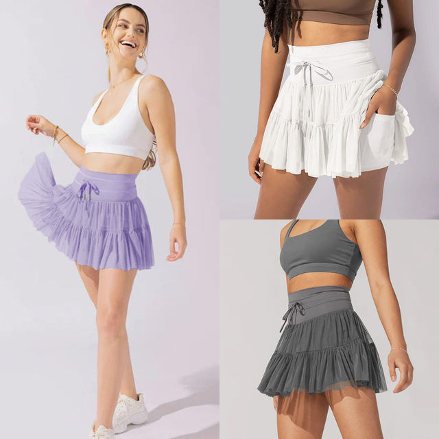 Korean super short skirt for women in summer high waist anti-exposure yoga fitness exercise mesh pleated puff tennis skirt
