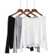 Pocket Modal long-sleeved T-shirt for women in spring, European and American style, versatile loose black and white gray short blouse top trendy