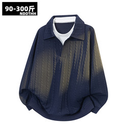 Fake Two-Piece Sweatshirt for Men, 2026 Winter, Fleece-Lined, Loose Fit, Plus Size, Long-Sleeve Polo Shirt, Extra Large Size, Casual Top