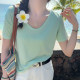 Green V-neck Modal front shoulder short-sleeved T-shirt for women 2025 summer new style for loose slim base top