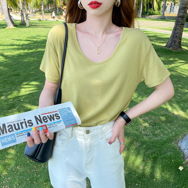 Green Modal short-sleeved facial mask T-shirt women's 2025 summer new loose fat mm belly cover V-neck ice silk top
