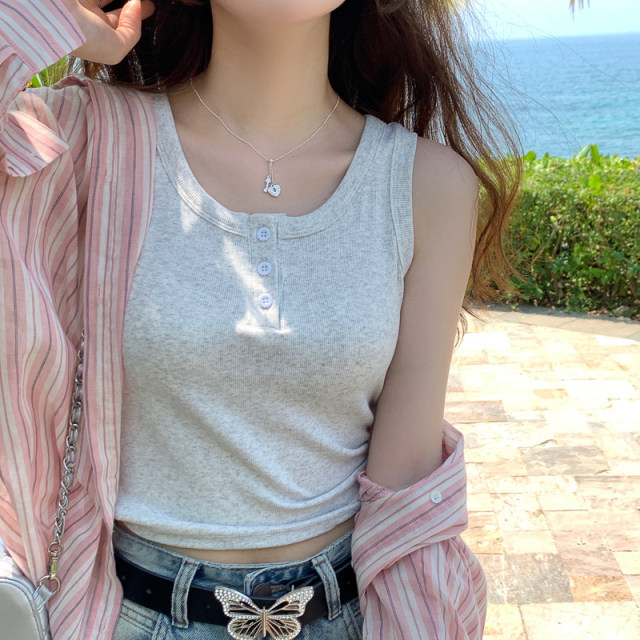 Threaded cotton gray suspender vest for women with inner wear 2025 new slim wide shoulder straps for secondary breasts and base tops for outer wear