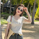 Light gray large neckline front shoulder short-sleeved T-shirt for women 2025 summer new high-end short round neck slim body
