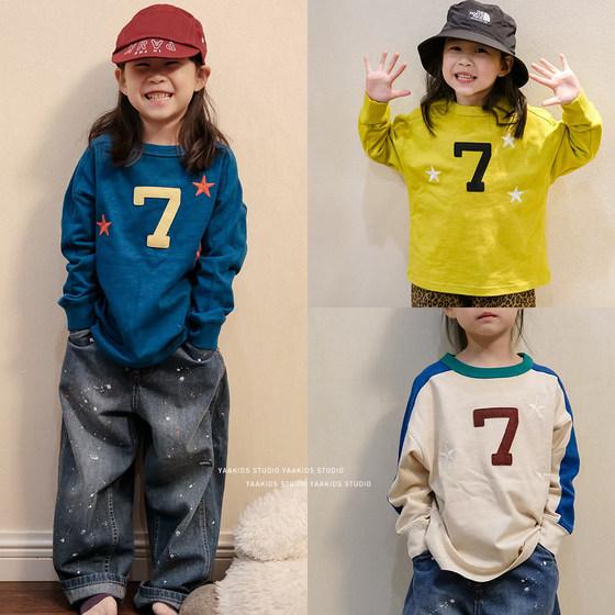 
Spring and Autumn New Children's Tops DD Japanese Trendy Bamboo Cotton Star Embroidery Patch Boys and Girls Round Neck Long Sleeve T-Shirt