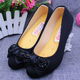 New old Beijing cloth shoes women's shoes beaded slope heel work shoes women's work shoes shallow mouth comfortable black high heels
