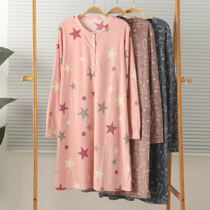 外贸女士薄绒宝宝绒超柔圆领长袖家居服睡衣睡裙裙子睡袍保暖秋冬